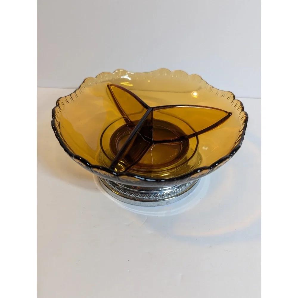 Vintage Farber Bros Krome Kraft  Glass Divided Dish Bowl Amber‎